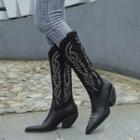 Chunky Heel Embroidered Tall Boots