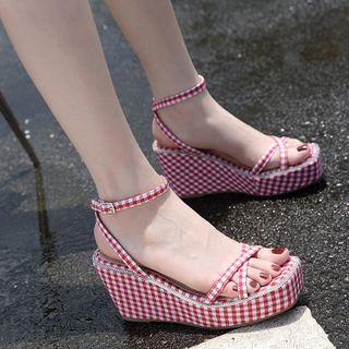 Block Heel Wedge Checked Ankle Strap Sandals