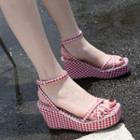 Block Heel Wedge Checked Ankle Strap Sandals