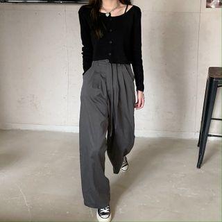 Long-sleeve Button Up T-shirt / Wide-leg Pants
