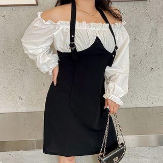 Mock Two-piece Long-sleeve Cold Shoulder Mini Sheath Dress