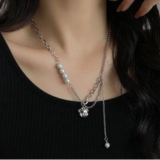 Bear Pendant Faux Pearl Stainless Steel Necklace Silver - One Size