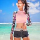 Set: Flower Print Long-sleeve Rashguard + Swim Shorts