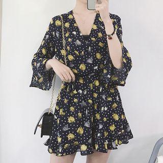 Print Elbow-sleeve Chiffon Playsuit
