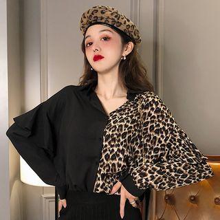 Leopard Print Panel Ruffled Blouse