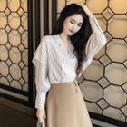 Striped V-neck Ruffled-trim Long-sleeve Blouse