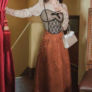 Long-sleeve V-neck Lace Trim Top / Dotted Mesh Camisole / Textured Midi Skirt