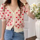 Short-sleeve Dotted Button-up Knit Top
