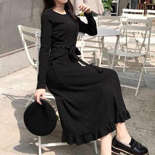 Long-sleeve Ruffle-hem A-line Midi Dress