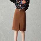 Slit-front Woolen Pencil Skirt