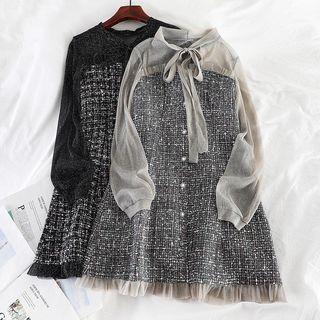 Long-sleeve Mesh Panel Tweed Dress