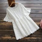 Elbow-sleeve Embroidered Lace Tunic White - One Size