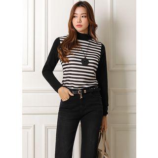 Mock-neck Ribbed Stripe-panel Top Ivory - One Size