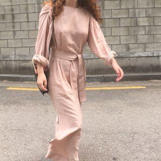 Long-sleeve Slit-side Maxi Dress With Sash