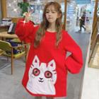 Cat Applique Pullover Dress Red - One Size