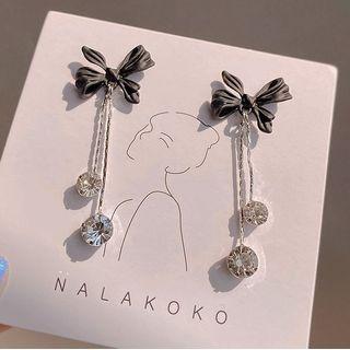 Bow Rhinestone Fringed Earring 1 Pair - Black - One Size