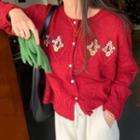 Floral Embroidered Cable Knit Cardigan Red - One Size
