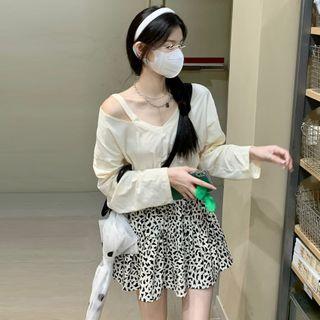 Long-sleeve Cold Shoulder V-neck Top / Leopard Print Mini A-line Skirt