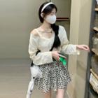Long-sleeve Cold Shoulder V-neck Top / Leopard Print Mini A-line Skirt
