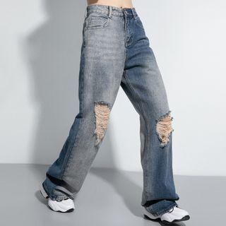 Two-tone Panel Distressed Wide-leg Jeans