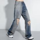 Two-tone Panel Distressed Wide-leg Jeans