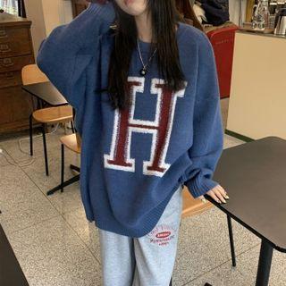 Long-sleeve Letter Embroidered Sweater Blue - One Size