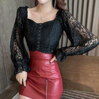 Long-sleeve Lace Blouse / Faux Leather Mini A-line Skirt