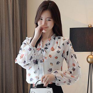 Ginkgo Print Tie-neck Long-sleeve Blouse