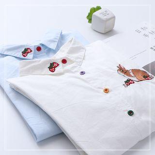 Rabbit Embroidery Contrast Button Shirt