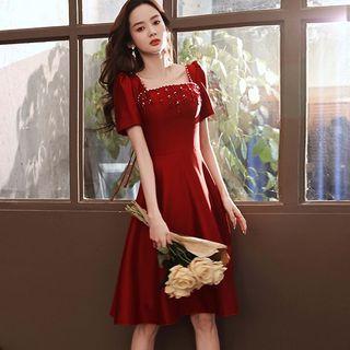 Puff Sleeve Square Neck Beaded A-line Cocktail Dress