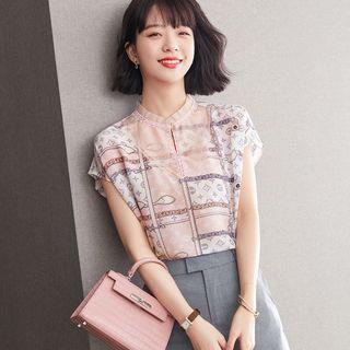 Short Sleeve Stand Collar Lace Trim Print Chiffon Top