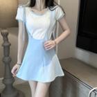 Short-sleeve Contrast Trim T-shirt / Drawstring Plain Asymmetric Overall Dress