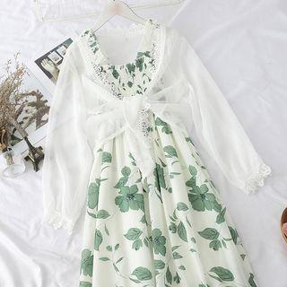 Set: Floral Print Chiffon Dress + Cardigan