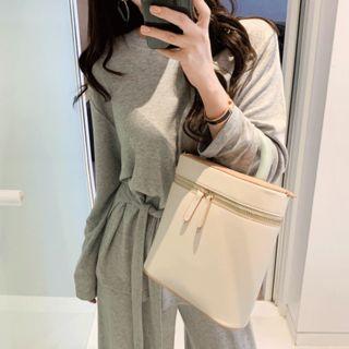 Set: Round-neck Tie-waist Top + Band-waist Wide-leg Pants