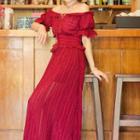 Short-sleeve Ruffled Crochet Trim Midi A-line Dress