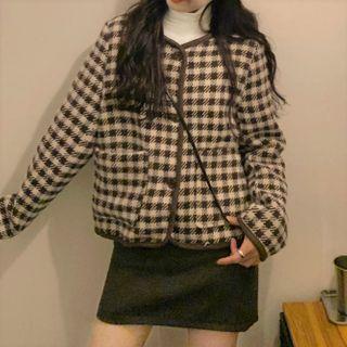 Gingham Button-up Jacket / Long-sleeve Mock-neck Top / Mini Skirt