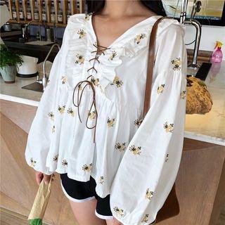 Embroidered Lace-up Long-sleeve Top