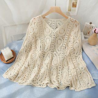 Eyelet Loose-fit V-neck Sheer Top