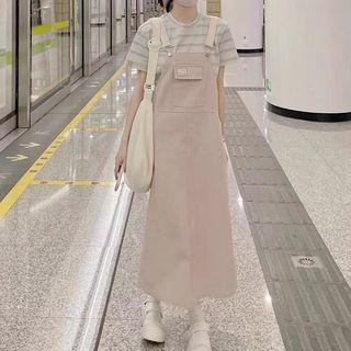 Short-sleeve Striped T-shirt / Midi A-line Overall Dress / Set