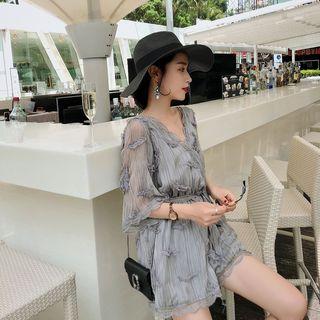 V-neck Elbow Sleeve Playsuit