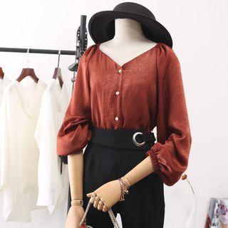 Boatneck Long-sleeve Button Blouse