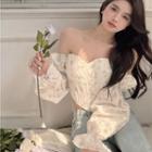 Long-sleeve Off-shoulder Floral Print Corset Top Pink & Green & White - One Size