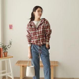Hooded Dip-back Boxy Plaid Shirt