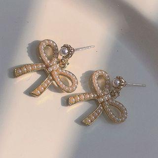 Bow Faux Pearl Dangle Earring 1 Pair - Silver Stud - Gold - One Size