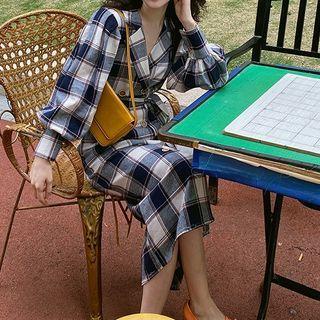 Long-sleeve Plaid Shirt Dress Plaid - Blue & Gray - One Size