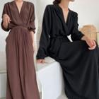Long Sleeve V-neck Draped Maxi Dress