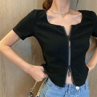Plain Cropped Knit Zip Cardigan