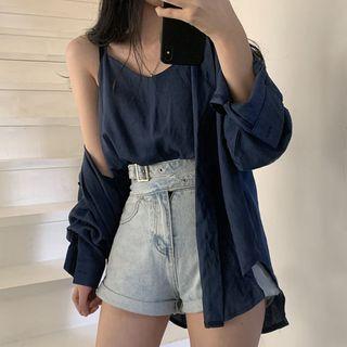 Set: Plain Shirt + Camisole Top Navy Blue - One Size