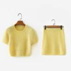 Short-sleeve Fluffy Crop Top / Knit Mini Fitted Skirt