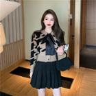 Long-sleeve Tie Neck Leopard Pattern Sweater / High-waist Pleated A-line Skirt